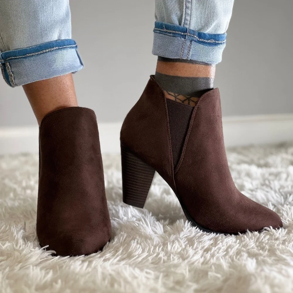 Brown heeled slip on ankle booties